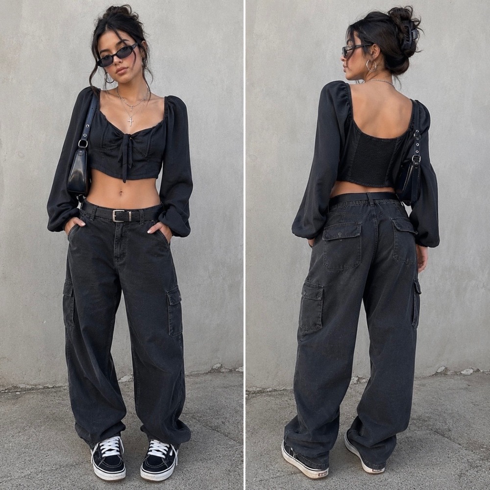Altar'd State Linen‎ Blend Milkmaid Crop Top Sz M Black Smocked Fairycore Whimsy